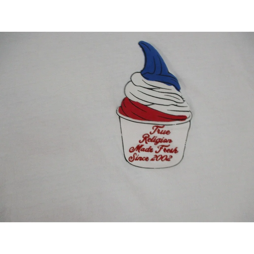 True Religion Mens‎ White Graphic T-Shirt Made Fresh Burger Ice Cream Large
